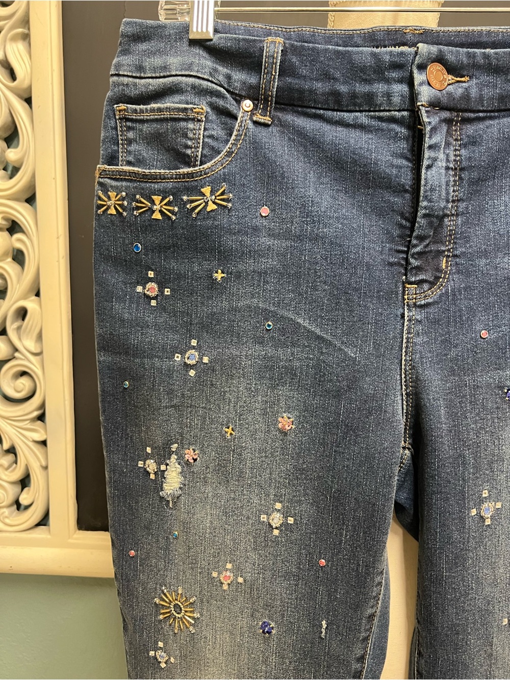 Chico’s so slimming girlfriend ankle beaded and distressed straight leg - Picture 2 of 9